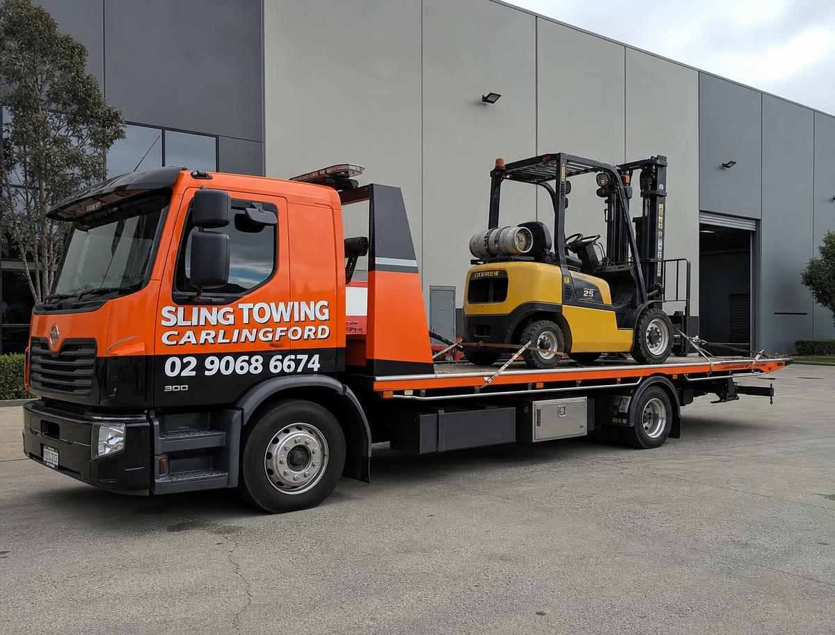 Forklift loaded on a Sling Towing Carlingford tilt tray truck