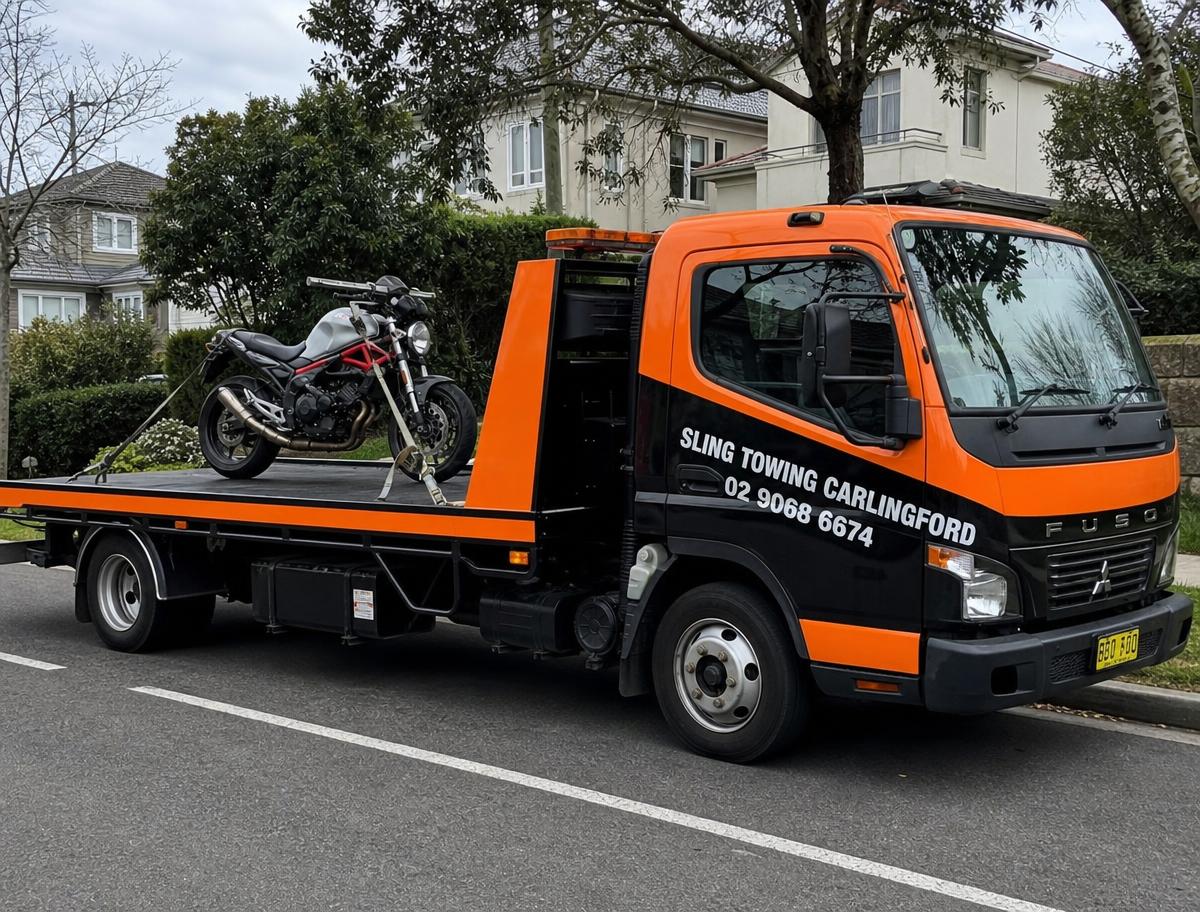 Motorbike secured on a Sling Towing Carlingford tow truck
